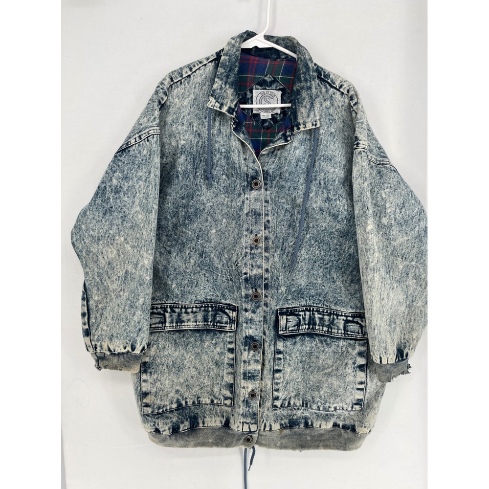 Current Seen Acid Wash Denim Jacket One Size Plaid Lined Vintage Blue 5685